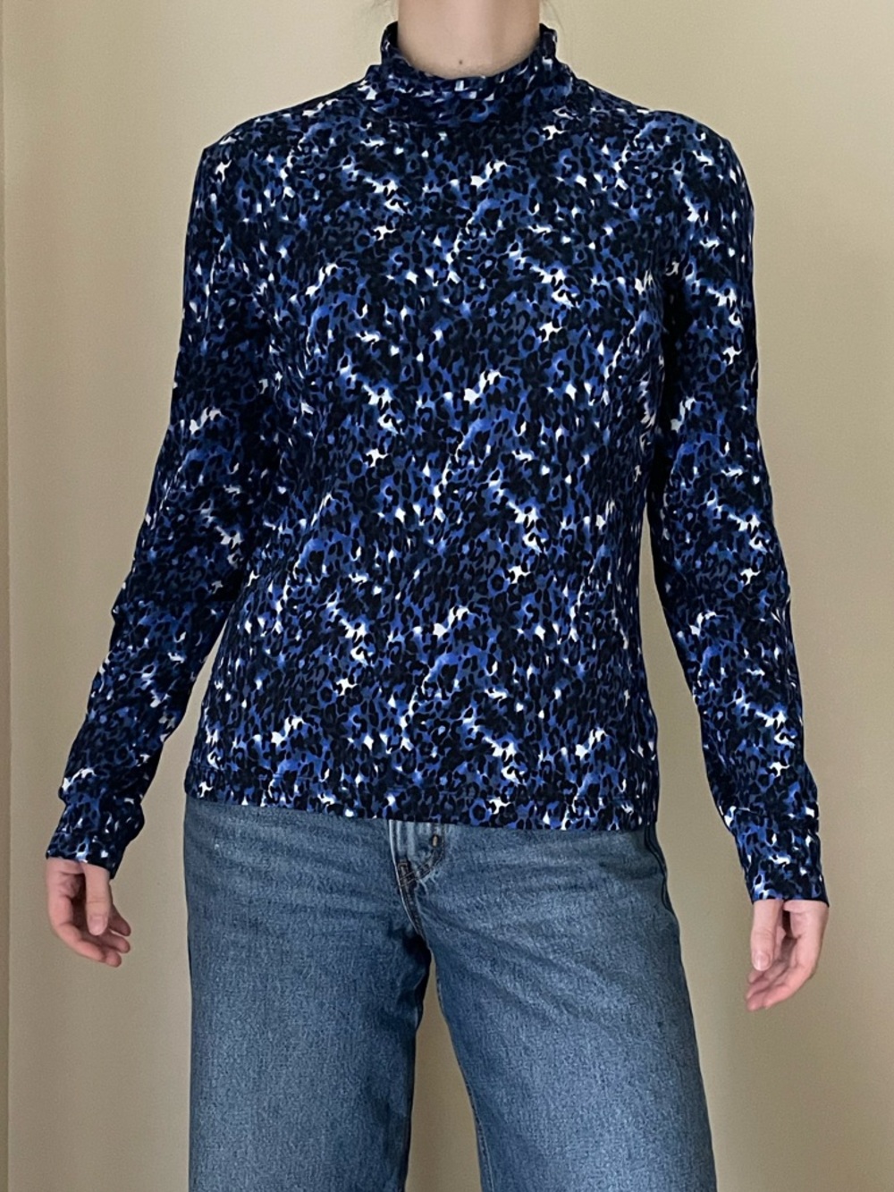 St. John Nordstrom Mockneck Long-Sleeve Leopard(ish) Blue Print Shirt Size Large
